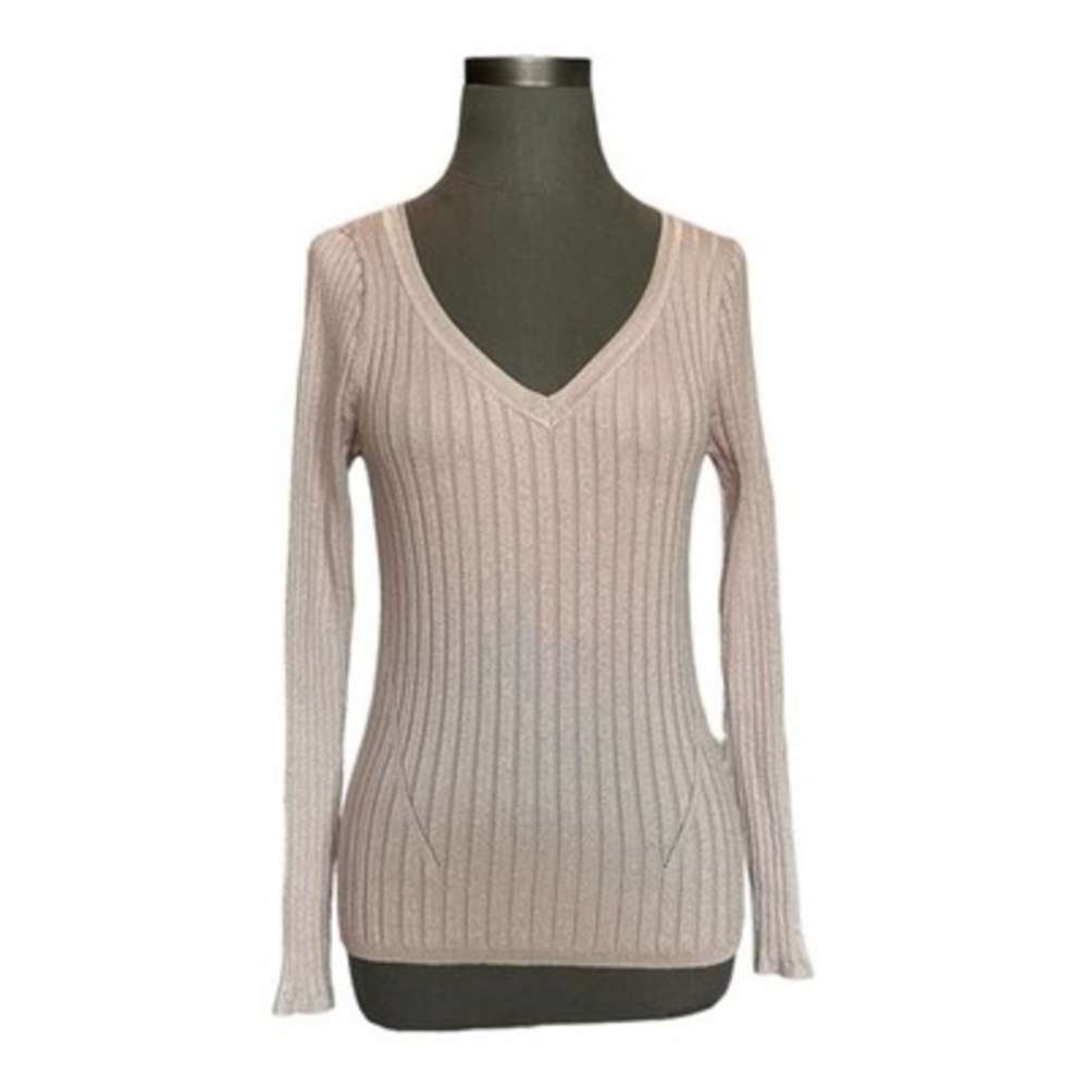 WHITE HOUSE BLACK MARKET Women Sweater S Pink Metallic Ribbed V Neck Pullover VG - Picture 4 of 8